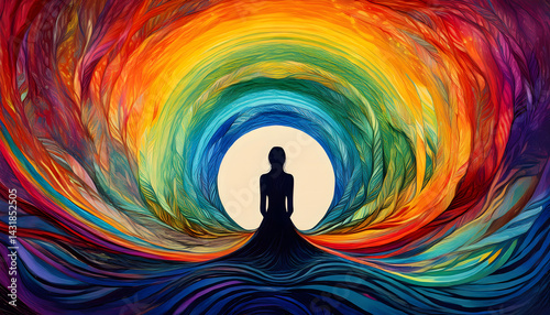 Abstract Colorful Rainbow Swirl Painting with Woman Silhouette Spiritual Art Inner Peace