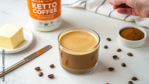 Bulletproof Coffee (Keto Coffee) Creamy keto coffee with butter and spices, surrounded by coffee beans on a marble surface.