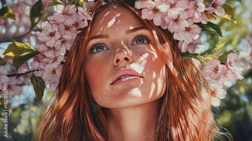 A redhead woman adorned with cherry blossoms, bathed in sunlight.