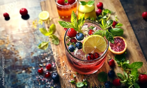 Refreshing summer cocktail with berries and mint on a rustic wooden table, vibrant background