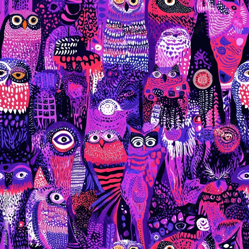 Fototapeta premium Vibrant Owl Pattern Purple and Pink Night Birds Textile Design