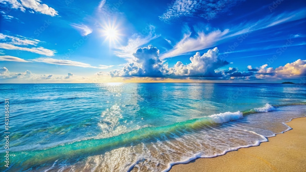 Serene Coastal Scene: Tranquil Blue Ocean and Sky at Dawn