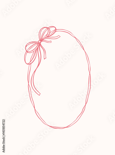 Oval girlish ribbon frame with bow. Valentines day, Christmas, wedding hand drawn red romantic card and invitation template. Doodle whimsical filigree flourish border