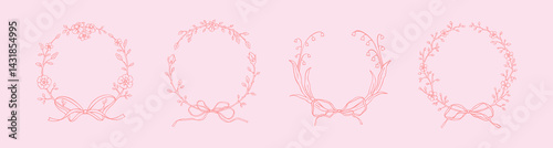 Set of pink spring floral frames with lace ribbon bows in girly coquette style. Botany rose, lily of the valley, laurel wreath. Hand drawn doodle vector illustration. Italian, French wedding design