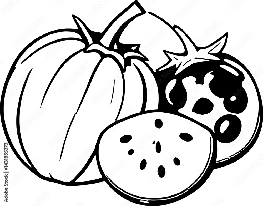 Obraz premium Line Art Illustration Of Whole And Sliced Tomatoes