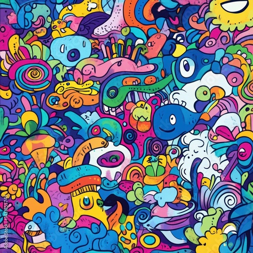 A colorful and detailed abstract doodle art illustration on display