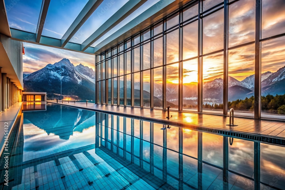Obraz premium Serene Indoor Pool with Stunning Mountain View - Long Exposure Photography