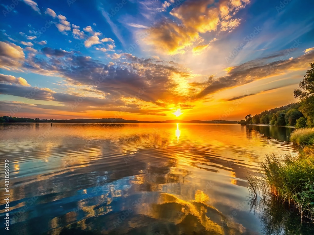 Serene Lakeside Sunset: Golden Hour Reflection on Calm Water