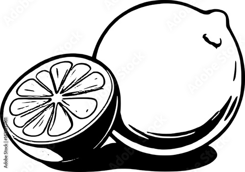 A Whole Lime And A Lime Slice Black And White Illustration