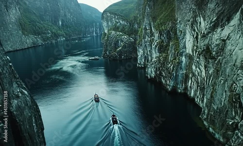 Scenic view of two boats navigating through a narrow fjord surrounded by towering cliffs
