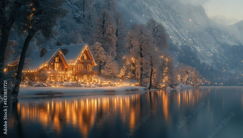 Fototapeta premium Snowy Chalet with Lake Reflection, and Winter Lights.
