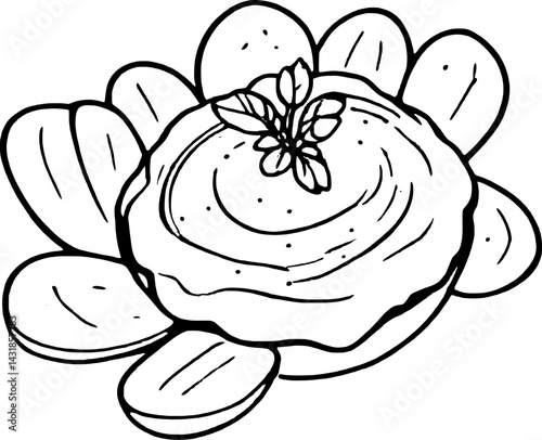 Line Art Drawing Of Hummus With Pita Bread