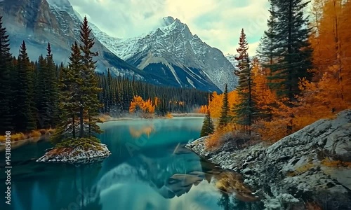 Serene autumn landscape featuring vibrant trees, a calm lake, and majestic mountains in the background
