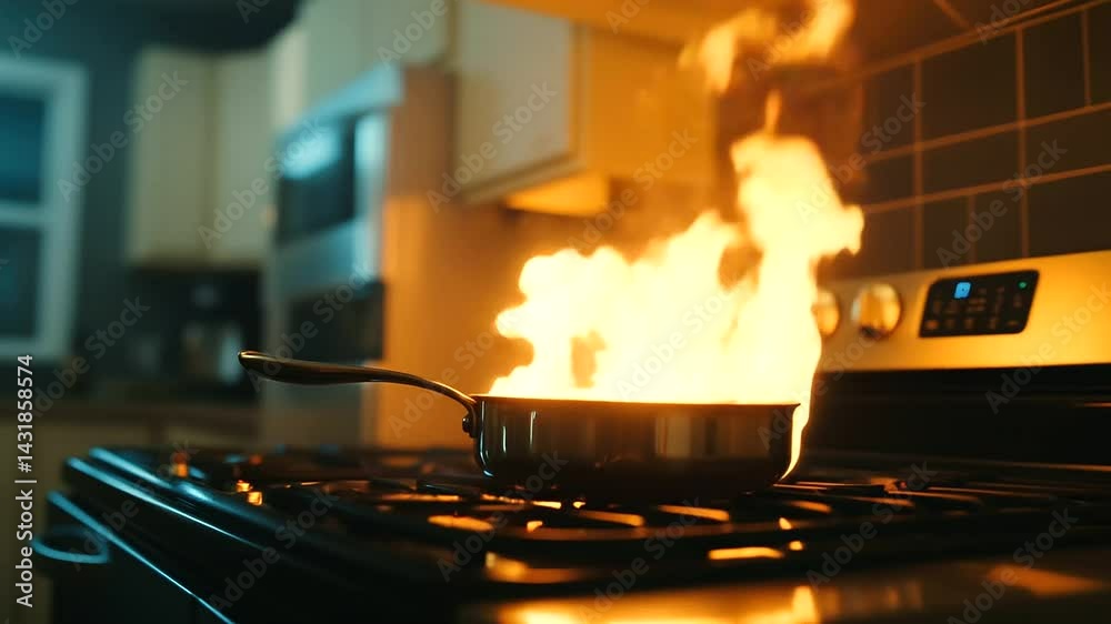 Smoke pours from a pan ablaze on a domestic stove, while bright flames reflect off nearby appliances. The scene dramatizes the urgency of firefighting and the risks of unattended c