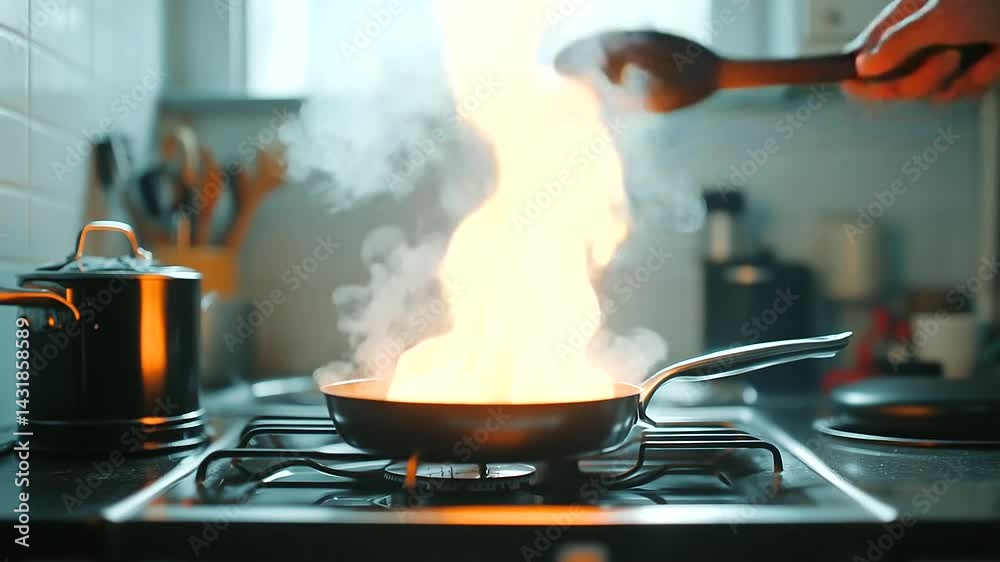 Smoke pours from a pan ablaze on a domestic stove, while bright flames reflect off nearby appliances. The scene dramatizes the urgency of firefighting and the risks of unattended c