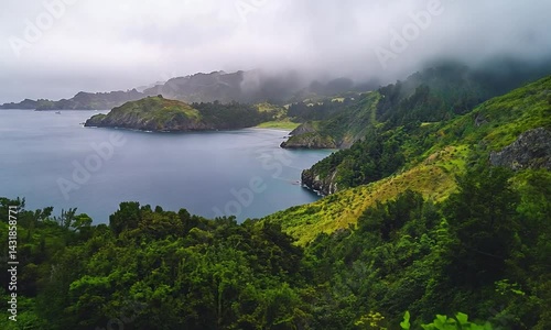 Serene coastal landscape with lush greenery, foggy mountains, and calm waters at dawn