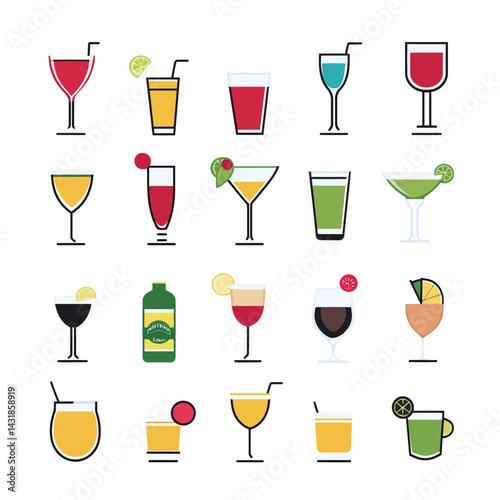 icon sheet, simple shapes, drink icons, white background