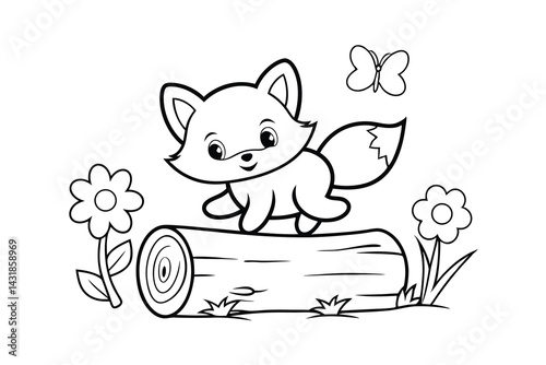 Cute fox on a log with butterfly and flowers outline illustration for coloring books