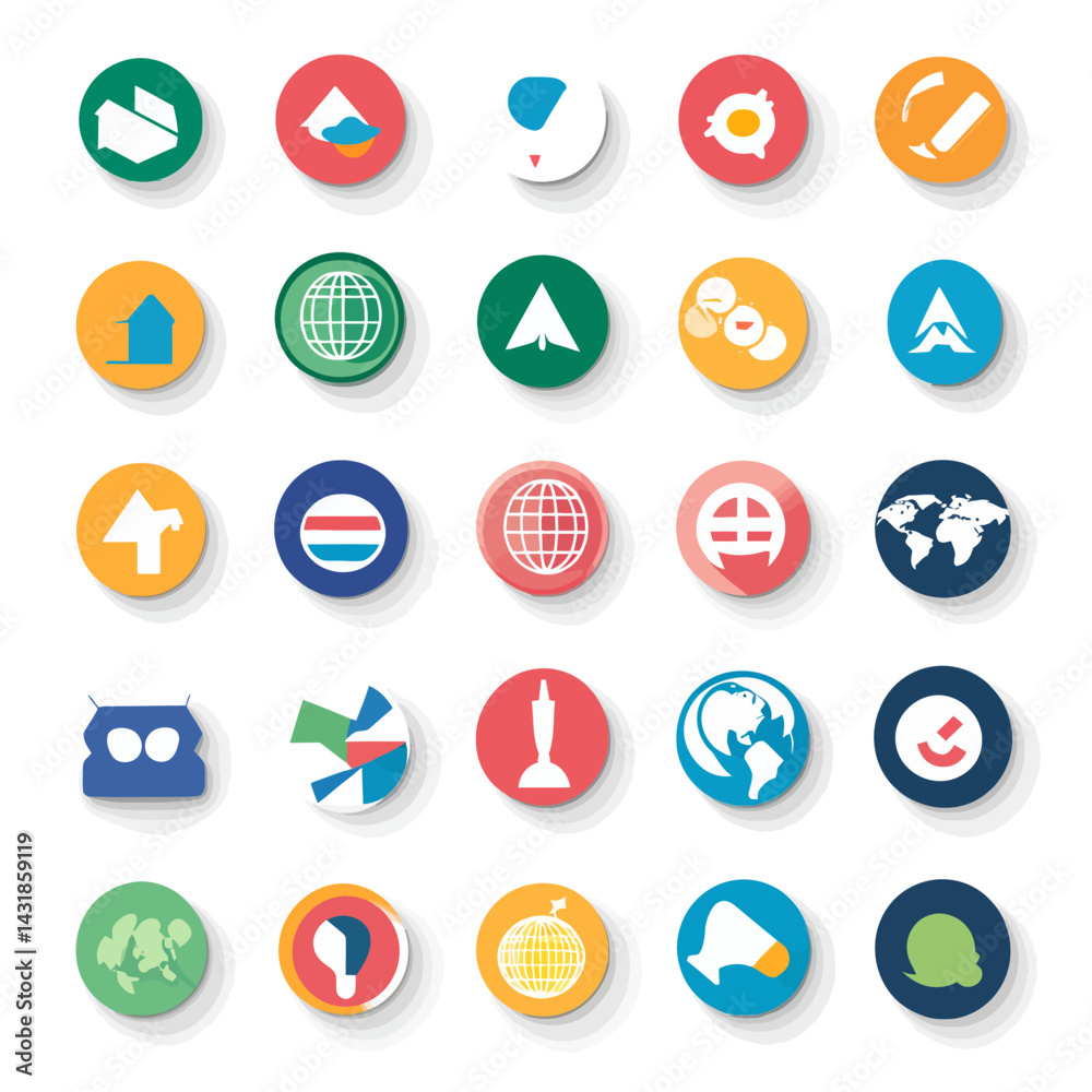 icon sheet, simple shapes, globe icons, white background