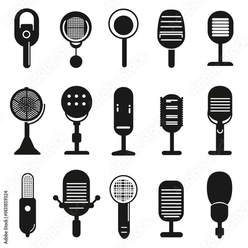 icon sheet, simple shapes, microphone icons, white background