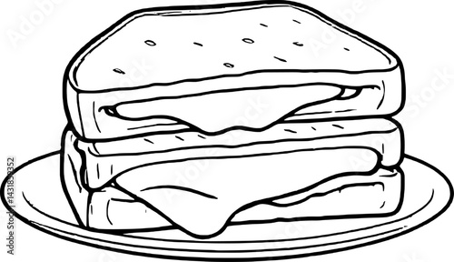 Delicious Grilled Cheese Sandwich on Plate Simple Line Art
