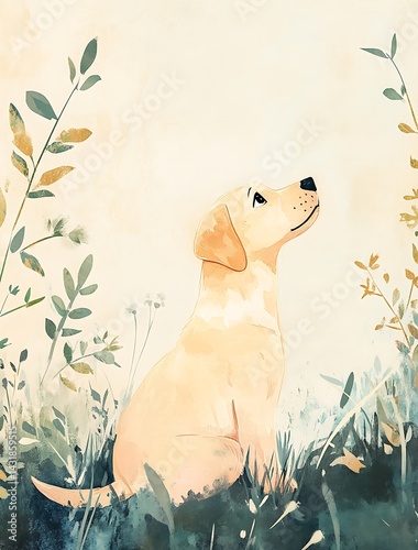 Golden Retriever Puppy in Botanical Watercolor Scene
