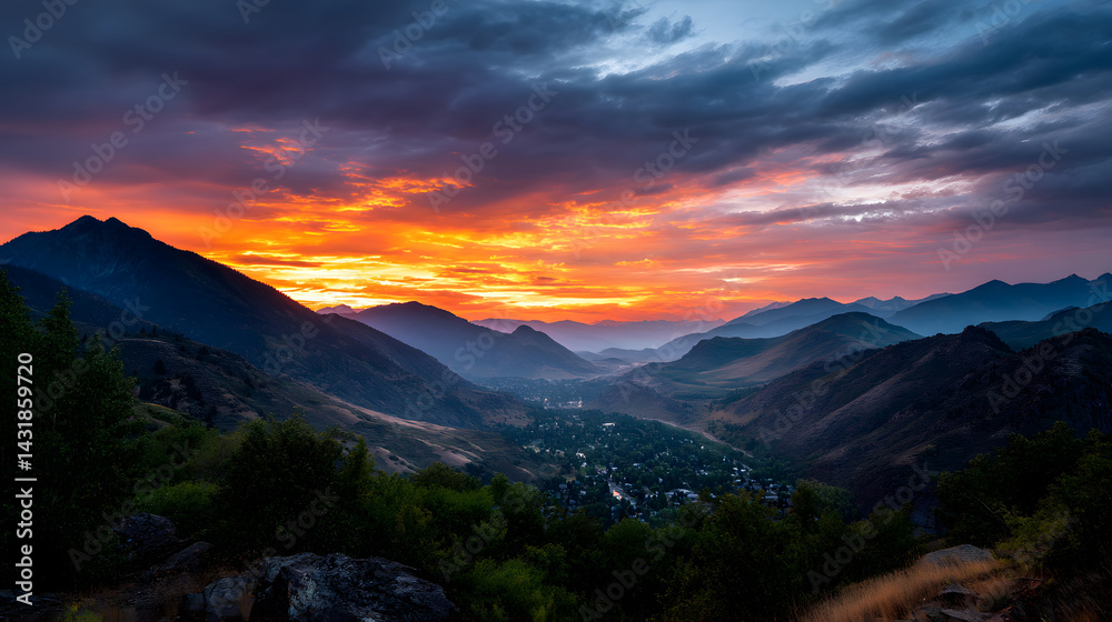 Obraz premium A spectacular orange sunset illuminating the mountain peaks and casting a tranquil glow over the valley below.