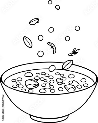 A Bowl of Hearty Soup with Falling Ingredients