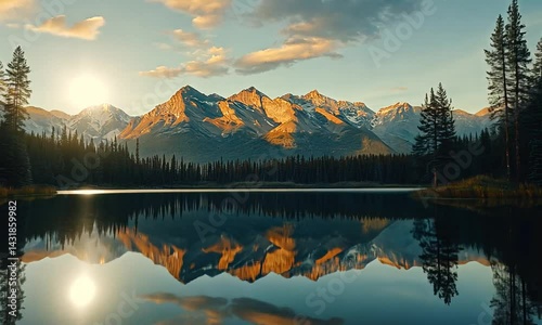 Serene mountain landscape reflecting in a tranquil lake during golden hour, showcasing nature's beauty