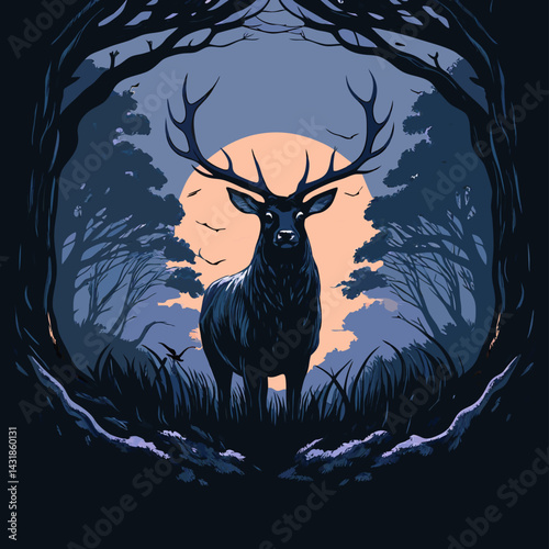 Majestic Deer in Dark Forest Illustration