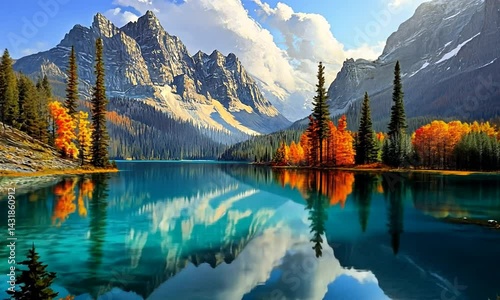 Serene mountain landscape reflecting in tranquil lake with vibrant autumn foliage and clear sky