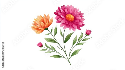 Fototapeta Naklejka Na Ścianę i Meble -  Pink and Orange Flower Bouquet Illustration - Delicate watercolor illustration of pink and orange flowers, symbolizing beauty, nature, growth, spring, and vibrancy