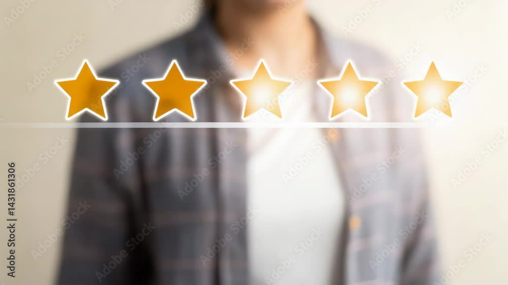 Star rating system, A person is interacting with a five-star rating system, selecting a rating by touching one of the stars, indicating a review or feedback process.