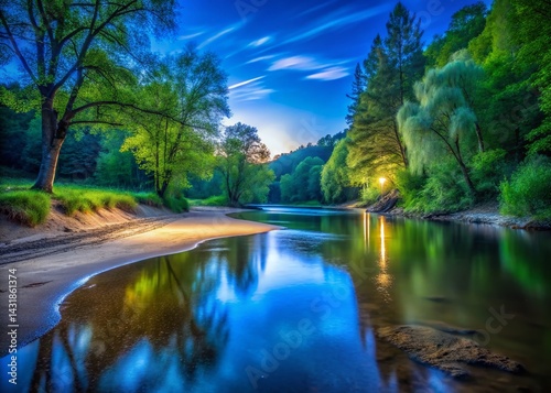 Serene Spring River: Sandy Bank, Green Forest, Blue Sky - Night Photography