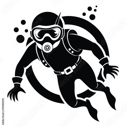 Scuba Diver Silhouette with Bubbles in Isolated on White