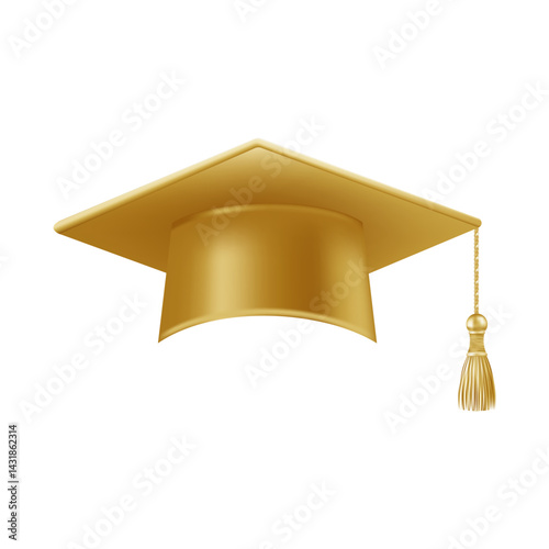 Realistic gold graduate cap. 3D Graduation Doctoral hat.