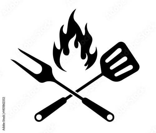 Minimalist Silhouette of Grilling Tools with Flame Icon, Crossed BBQ Fork, Spatula, Outdoor Cooking, Summer Grilling, Backyard Barbecue, Culinary Fire, Food Event Branding