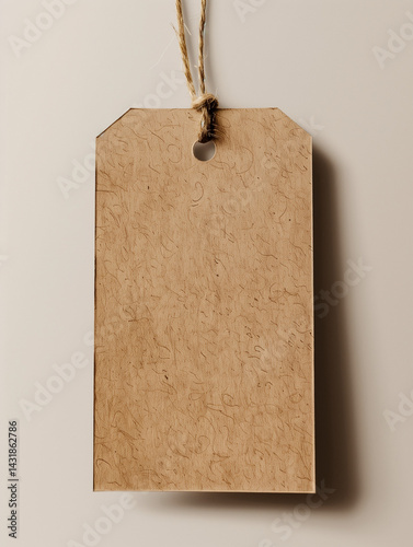 Simple kraft paper tag mockup with rope, isolated on neutral background, great for branding, packaging, or price tag presentations photo