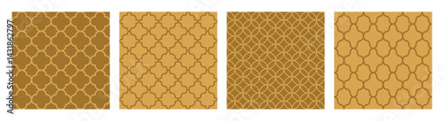 Set of four seamless Islamic geometric patterns in warm gold tones. Traditional Arabic ornament backgrounds ideal for design, textile, and decorative use.