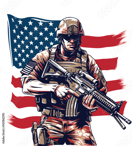 soldier in front of flag vector