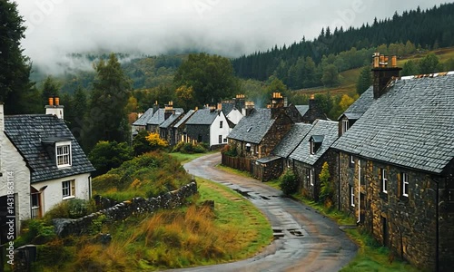 Serene village nestled in lush mountains, winding road leads through charming houses under cloudy skies