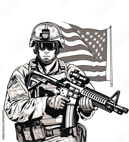 soldier in front of flag vector