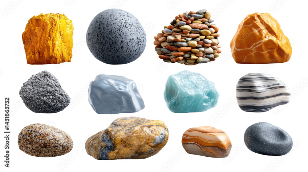 Diverse Stone Collection: A stunning showcase of various stones, each unique in shape, texture, and color, is meticulously presented against a clean backdrop. Diverse Stone Collection: A stunning showcase of various stones, each unique in shape, texture, and color, is meticulously presented against a clean backdrop.