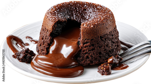 Molten Chocolate Delight: A delectable close-up showcases a warm, rich, and flowing molten chocolate cake on a pristine plate, inviting viewers to indulge in its decadent appeal.