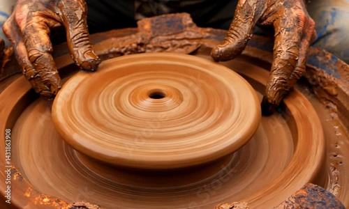 Skilled artisan shaping clay on a pottery wheel, creating unique ceramic art in a workshop