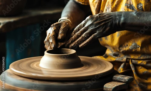Skilled artisan shaping clay on a pottery wheel in a sunlit workshop surrounded by tools