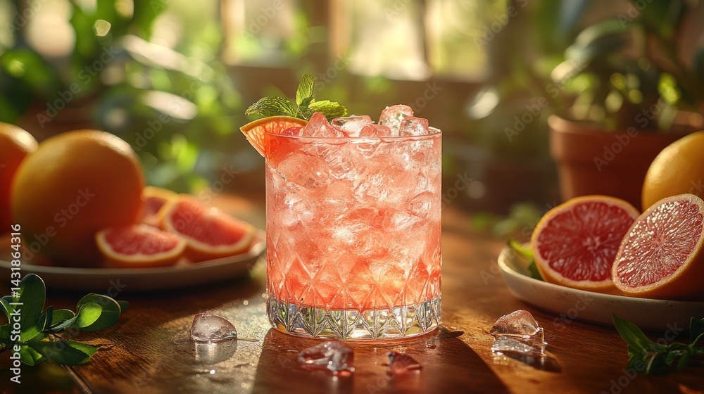 Refreshing grapefruit cocktail with ice on wooden table surrounded by fruit. Refreshing grapefruit cocktail with ice on wooden table surrounded by fruit.