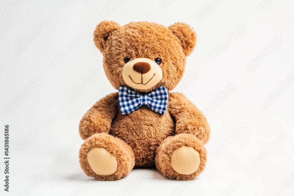 Plush Teddy Bear with Checkered Blue Bow Tie