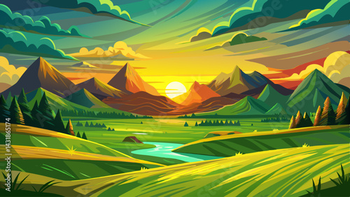 scenic landscape of green and golden sunset field in a valley between mountains with beautiful cloudy evening sky on background