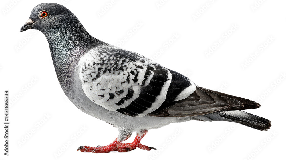Fototapeta premium Urban Pigeon Portrait: A detailed studio shot of a common urban pigeon, showcasing the intricate beauty of its feathers, vibrant red feet, and sharp eye.